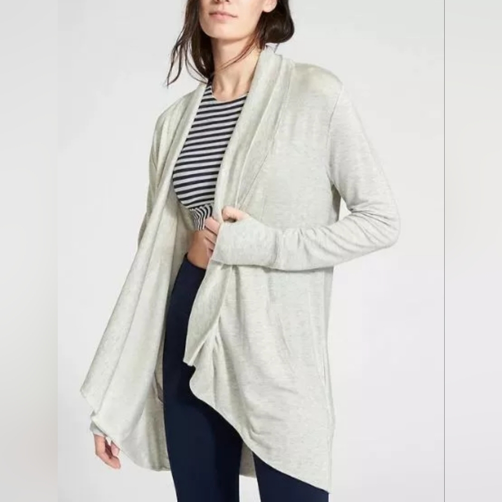 ATHLETA Pranayama Restore Wrap Yoga Open Front Cardigan Heathered Light Gray  M